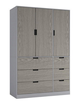Urbn-Living Urbnliving Wooden 3 Door 6 Drawer Wardrobe Bedroom Storage Closet Shelves Hanging Rail Grey Unit Cedar Grey Doors Drawers - image 1