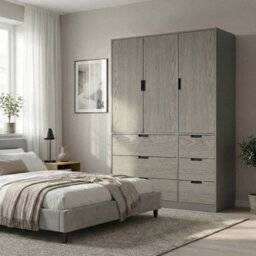 Urbn-Living Urbnliving Wooden 3 Door 6 Drawer Wardrobe Bedroom Storage Closet Shelves Hanging Rail Grey Unit Cedar Grey Doors Drawers - thumbnail 2