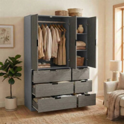 Urbn-Living Urbnliving Wooden 3 Door 6 Drawer Wardrobe Bedroom Storage Closet Shelves Hanging Rail Grey Unit Cedar Grey Doors Drawers - thumbnail 4