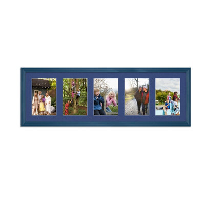 AK Frames 26X8 Navy Blue Classic Multi Photo Frame With Blue Mount - Holds 5 Apertures (5X) 6X4 Photos - image 1