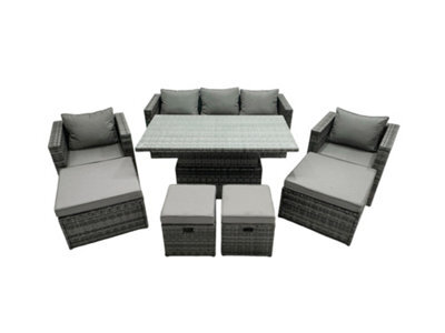 Fimous Pe Rattan Garden Furniture Set Lounge Sofa Rising Dining Table Set With 4 Footstool Dark Grey Mixed - image 1