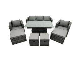 Fimous Pe Rattan Garden Furniture Set Lounge Sofa Rising Dining Table Set With 4 Footstool Dark Grey Mixed - thumbnail 1