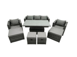 Fimous Pe Rattan Garden Furniture Set Lounge Sofa Rising Dining Table Set With 4 Footstool Dark Grey Mixed - thumbnail 2
