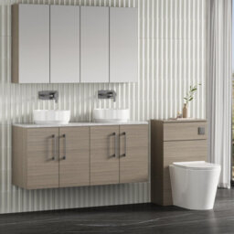 Nuie Arno Wall Hung 4-Door Vanity Unit & Laminate Worktop In Bellato Grey, Modern Counter Top Vanity Unit In Solace Oak - thumbnail 4