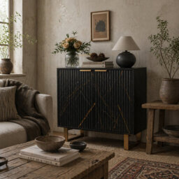 Wyld Haus Nomi Black And Gold Sideboard With Ribbed Finish And Adjustable Shelves - Compact Modern Storage - thumbnail 1