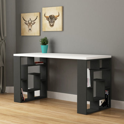 Decortie Labirent Modern Desk With Bookshelf Legs White Anthracite Grey 137Cm - image 1