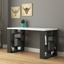 Decortie Labirent Modern Desk With Bookshelf Legs White Anthracite Grey 137Cm - thumbnail 1