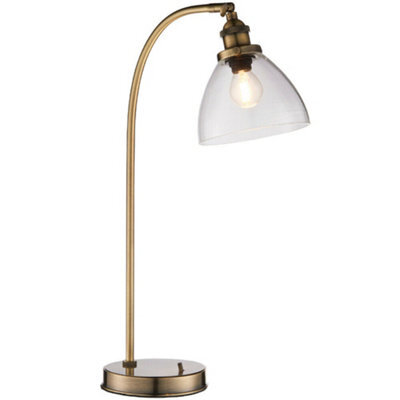 Industrial Curved Table Lamp Antique Brass & Glass Shade Modern Bedside Light - image 1
