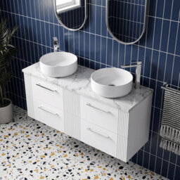 Balterley Belvide Partial Fluted 4 Drawer Wall Hung Vanity Unit With Carrera Marble Laminate Worktop - 1200mm - Satin White - thumbnail 3