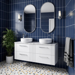 Balterley Belvide Partial Fluted 4 Drawer Wall Hung Vanity Unit With Carrera Marble Laminate Worktop - 1200mm - Satin White - thumbnail 4