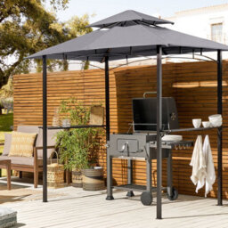Beliani Gazebo Grey Fabric Black Steel Powder-Coated Garden Pavilion 240 X 148 Cm With Hooks And Shelves - thumbnail 2