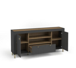 Arte Mossa Chic Sideboard Cabinet 137Cm - Black & Oak, Hinged Doors, Drawers & Shelves - thumbnail 2