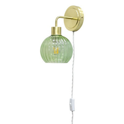 First Choice Lighting Toby - Satin Brass Plug In Wall Light With Betchley Green Ribbed Shade - image 1