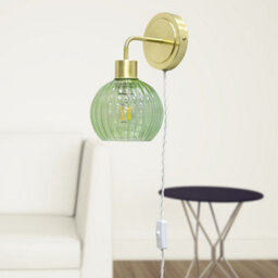 First Choice Lighting Toby - Satin Brass Plug In Wall Light With Betchley Green Ribbed Shade - thumbnail 4