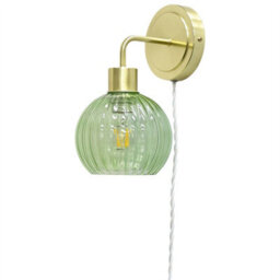 First Choice Lighting Toby - Satin Brass Plug In Wall Light With Betchley Green Ribbed Shade - thumbnail 2