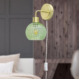 First Choice Lighting Toby - Satin Brass Plug In Wall Light With Betchley Green Ribbed Shade - thumbnail 3