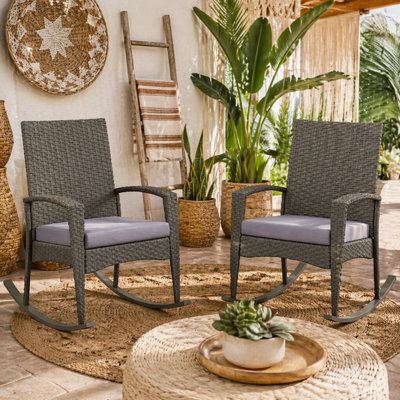 Wyld Haus Lora Set Of 2 Grey Rattan Outdoor Rocking Chairs With Cushions, Mixed Grey - image 1