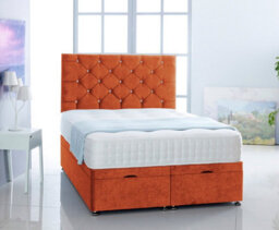 Comfy Deluxe Orange  Naples Velvet Foot Lift Ottoman Bed With Memory Spring Mattress And Headboard 2Ft6 Small Single