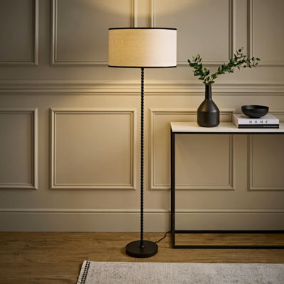 Valuelights Maeve Natural Linen Black Trim Shade Matte Black Bobbin Bobble Floor Lamp - image 1