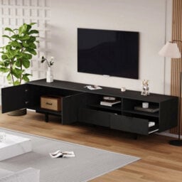Modern Tv Unit Stand Cabinet Sideboard With Drawer Storage & Open Shelves Black - thumbnail 4