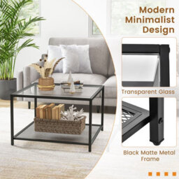Costway Modern Glass Top Coffee Table Home Square Center Table Accent Sofa Side Table - thumbnail 9