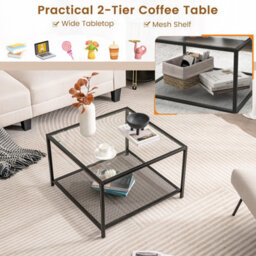 Costway Modern Glass Top Coffee Table Home Square Center Table Accent Sofa Side Table - thumbnail 6