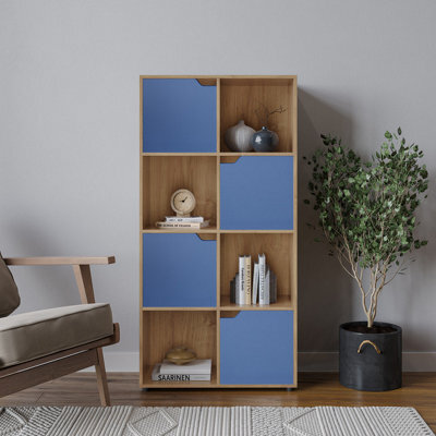 Urbn-Living Urbnliving 119Cm Height 8 Cube Oak Bookcase 4 Blue Door Display Shelf Storage Cupboard  Shelving - image 1