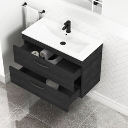 Royal Bathrooms Turin Hale Black 800mm Wall Hung Vanity Unit 2 Drawer With Minimalist Basin Sink & Matt Black Handles - thumbnail 5