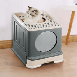 Thehotsale Grey Full Enclosed Foldable Cat Litter Box With Scoop - thumbnail 1