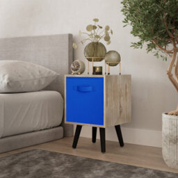 Urbn-Living Urbnliving 51Cm Height Antique Oak Wooden Cube Storage Bookcase Dark Blue Inserts Scandinavian Black Legs
