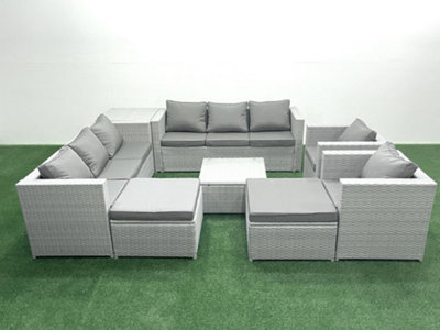 Fimous Outdoor Rattan Sofa Garden Furniture Set 2 Armchairs Square Coffee Table 2 Big Stools Side Table Light Grey - image 1