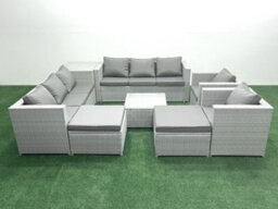 Fimous Outdoor Rattan Sofa Garden Furniture Set 2 Armchairs Square Coffee Table 2 Big Stools Side Table Light Grey - thumbnail 2