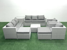 Fimous Outdoor Rattan Sofa Garden Furniture Set 2 Armchairs Square Coffee Table 2 Big Stools Side Table Light Grey - thumbnail 1