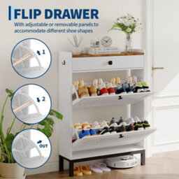 White Slim Shoe Cabinet With 2 Flip Drawers For 16 Pairs Of Shoes - thumbnail 3