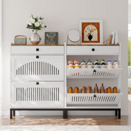 White Slim Shoe Cabinet With 2 Flip Drawers For 16 Pairs Of Shoes - thumbnail 5
