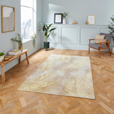 Beige/gold Nature Print Luxurious Modern Easy To Clean Rug For Living Room Bedroom And Dining Room-120Cm X 170Cm - image 1