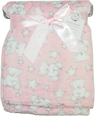 Kav Soft Fleece Wrap Blanket - Soft Unisex Pram Cot Crib Moses Basket Teddy And Stars Print Gift Set For Newborn, Babies (Pink)