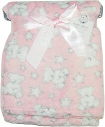Kav Soft Fleece Wrap Blanket - Soft Unisex Pram Cot Crib Moses Basket Teddy And Stars Print Gift Set For Newborn, Babies (Pink)