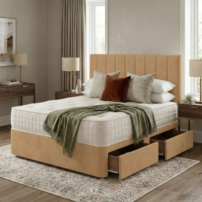 Adore Designs Portland Plush Velvet Divan Bed, Headboard & Mattress - 4Ft Small Double - Coffee - 0 Drawers - image 1