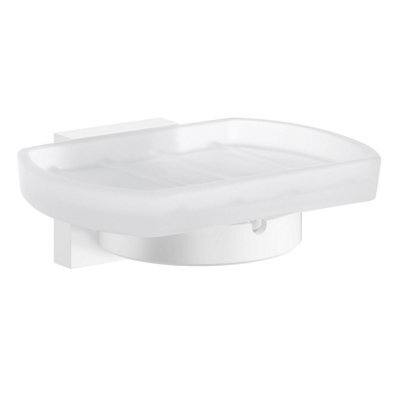 Smedbo Frosted Glass Soap Dish Tray And Matt White Wall Mounted Holder With Concealed Screws For Bath Shower Bathroom - image 1