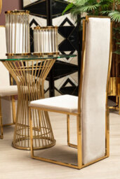 Orsina Luxurious Modern Dining Chair, Stainless Steel Gold Finished Frame Accent Chair. Natural Fabric Dining Chair - thumbnail 6