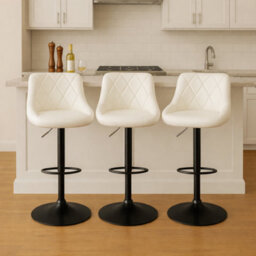 Mof Adjustable Bar Stools Set Of 3, White Faux Leather, Quilted Diamond Pattern, Swivel Counter Height Chairs With Footrest