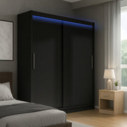 Bega I 180 Sliding Wardrobe With Hanging Rail And Shelves Black With Led Lights - thumbnail 1