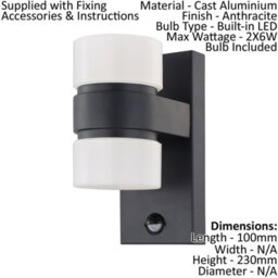 2 Pack Modern Ip44 Outdoor Wall Light With Pir Sensor In Anthracite Aluminium - thumbnail 2