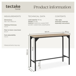 Tectake Dining Table Kerry - High, Breakfast Bar Style  -  Industrial Wood Light, Oak Sonoma - thumbnail 6