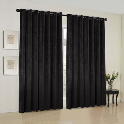 Oxford Homeware Eyelet Velvet Curtains Black Fully Lined Blackout Thermal Insulated Eyelet Curtains Pair (W)168Cm X (L)183Cm - image 1