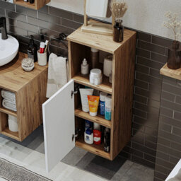 Roomart Lotus Wall Mounted Bathroom Towel Storage Cabinet 90Cm High In White And Oak Finish - thumbnail 2