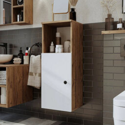 Roomart Lotus Wall Mounted Bathroom Towel Storage Cabinet 90Cm High In White And Oak Finish