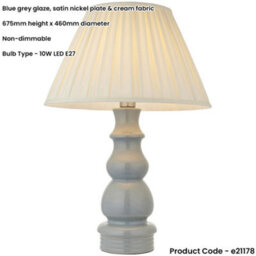 Loops Blue Grey Glaze & Satin Nickel Plate Table Lamp - Cream Fabric - 675mm Tall Light - thumbnail 2