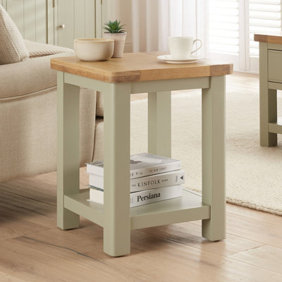 The Furniture Market Marbury Sage Green Painted Lamp Table Wooden Side Table With Shelf Whitewash Oak Top Modern Country Styling - image 1